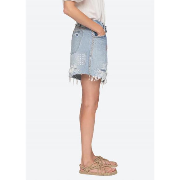 NEW SEA marion mended denim shorts in blue - Picture 2 of 3